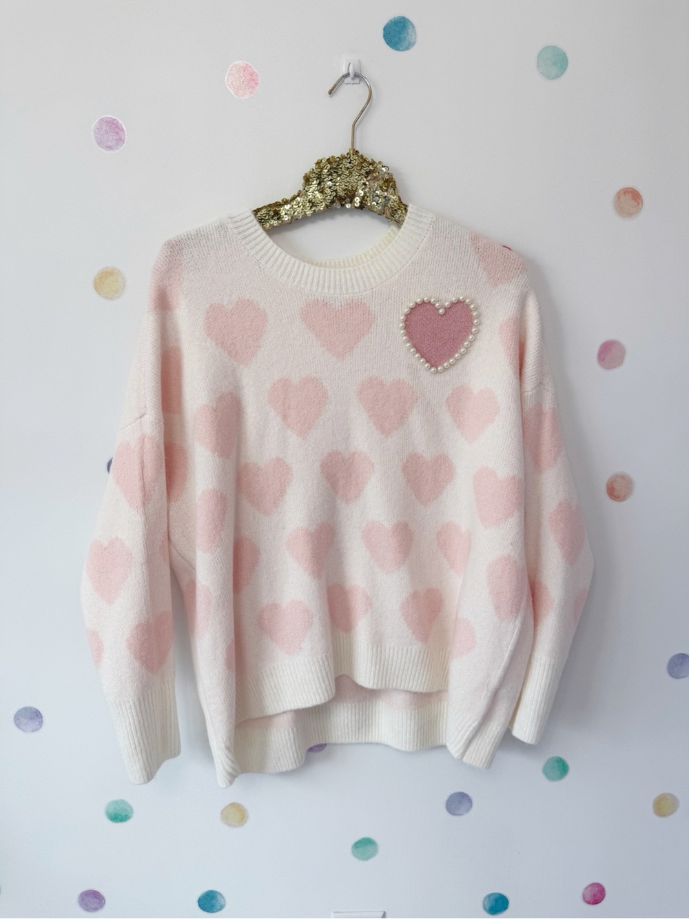 Vince Camuto Cream Crewneck Sweater with Pink Heart Motif